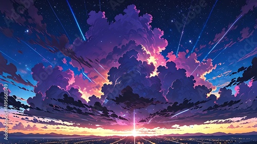 Dramatic Evening Sky with Clouds and Shooting Stars over Cityscape Landscape
