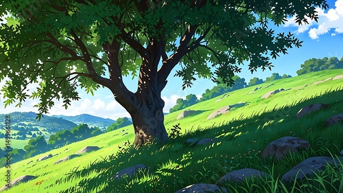 Tranquil Landscape with a Majestic Tree on a Rolling Green Hill