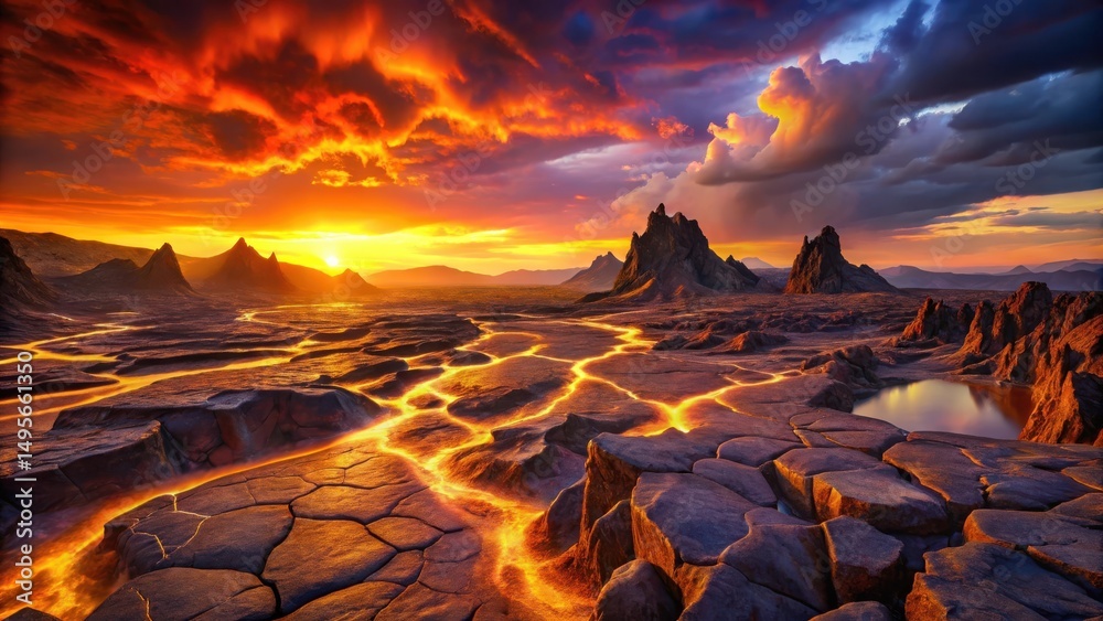 Fiery Sunset Over a Volcanic Landscape with Molten Rivers of Lava Flowing Through Cracked Earth
