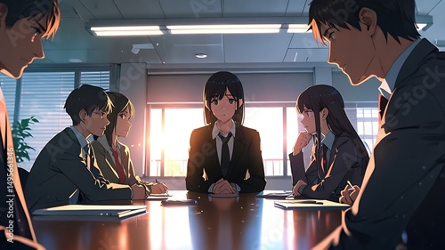Anime style depiction of a business meeting with professionals gathered