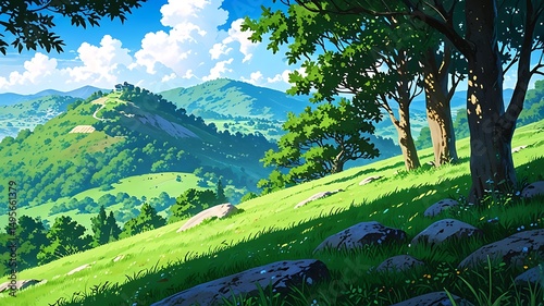 Serene Anime-Style Landscape with Rolling Hills and Verdant Greenery Artwork