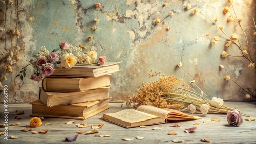 Obraz na płótnie A Stack of Vintage Books Adorned with Delicate Roses and Dried Floral Arrangements on a Rustic Wooden Surface w salonie