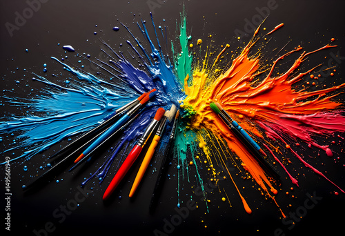 Vibrant splashes of paint radiate from art brushes on a dark surface in a creative display of colors