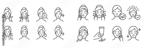 Facial skincare routine illustrated with icons showcasing steps and benefits for healthy skin