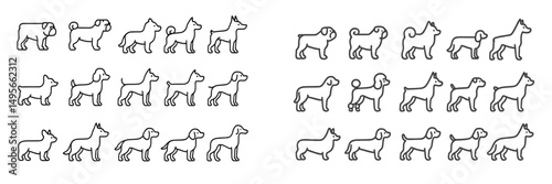 Various dog silhouettes arranged in an artistic pattern showcasing different breeds and poses on a clean background