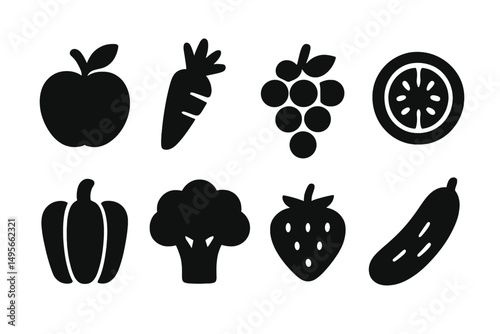 Variety of fresh fruits and vegetables displayed in black silhouette style on a white background showcasing healthy eating options