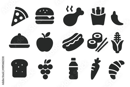 Food icons representing a variety of popular dishes and snacks from different cuisines in a simple, monochrome style