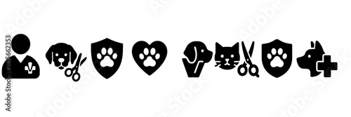 Silhouettes of pet care professionals and tools including dogs, cats, and veterinary symbols at a modern grooming salon