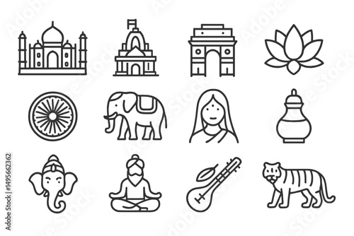 Cultural symbols of India displayed in a creative arrangement featuring iconic landmarks and traditional motifs