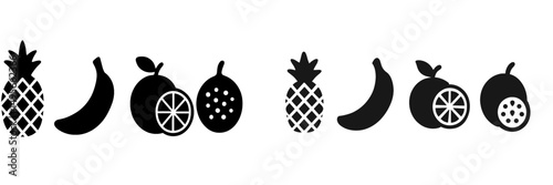 Graphic design of various fruits including pineapples, bananas, and lemons on a white background