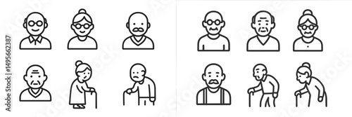 Illustrations of diverse elderly individuals displaying various expressions and activities in simple line style