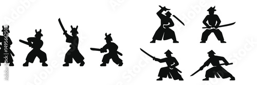 Silhouettes of warriors in traditional attire performing martial arts movements during a historical reenactment