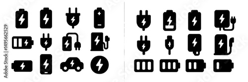 Symbols of energy and power source icons in simple black designs for technology and sustainability themes