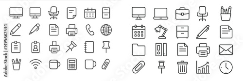 Collection of office icons illustrating work tools and organizational objects in a minimalistic design on a light background