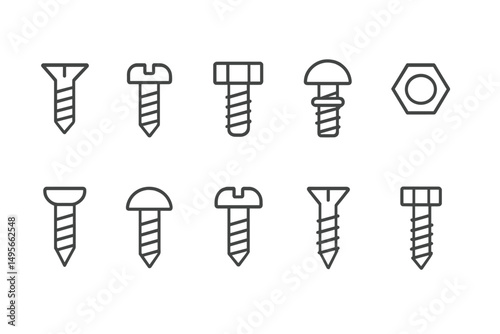 Various types of screws and nuts displayed in a grid layout on a white background