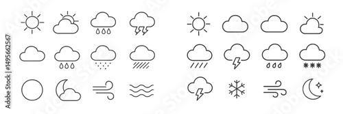 Various weather symbols representing sunshine, rain, thunderstorms, and snow in a minimalistic style