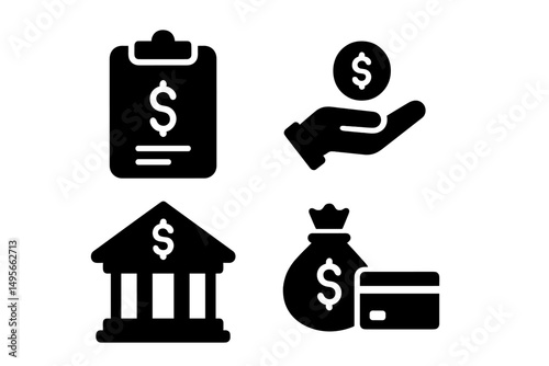 Financial icons representing transactions, banking, budgeting, and monetary exchange in a minimalistic design style