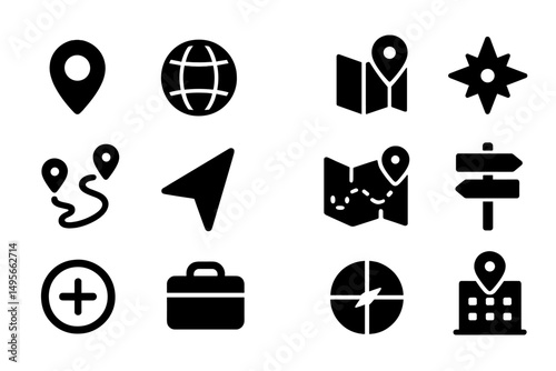 Design elements showcasing navigation and location symbols commonly used in mapping and travel applications for user interface design