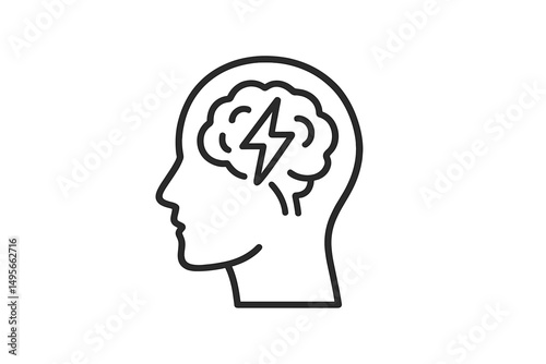Representation of human head silhouette with brain and lightning bolt symbolizing thoughts and ideas