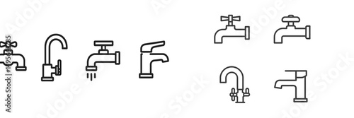 Different types of faucets displayed in a minimalist style illustrating modern and classic designs