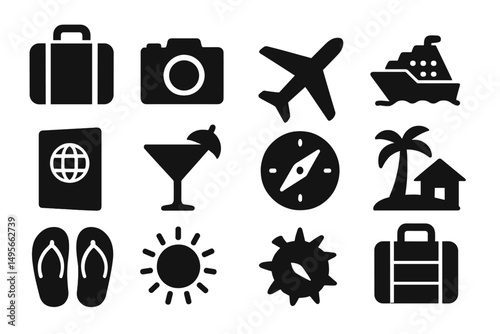Travel essentials icons featuring suitcases, camera, plane, and beach symbols for vacation planning