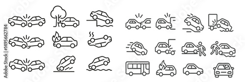 Different types of car incidents illustrated in simple line art styles showcased on a clean background