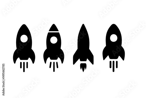 Various rocket designs in a minimalist style showcasing different shapes and sizes for space exploration themes