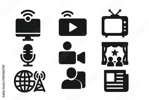 Collection of communication and media icons representing technology and entertainment in modern society