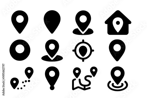 Collection of location markers and map symbols in black and white design for navigation and mapping purposes