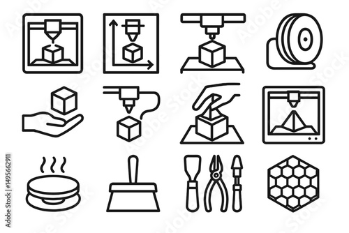 Various icons representing 3D printing processes, tools, and techniques for creating objects from digital designs