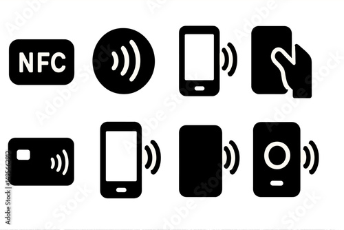 Different types of NFC payment symbols displayed in a clear layout showing various interactions and devices