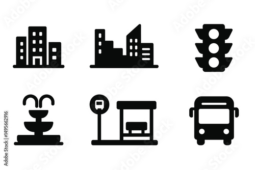 Cityscape elements featuring urban buildings, traffic light, bus stop, and fountain in a bustling metropolitan area
