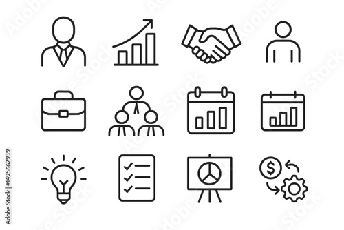 Business-related icons and graphics showcasing professional activities and teamwork in a modern workplace setting