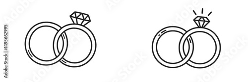 Two simple and elegant wedding rings with a diamond engagement ring displayed in a minimalist style