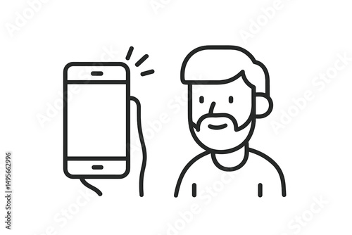 Man interacting with smartphone while posing happily in a casual setting