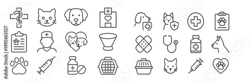 Essential icons representing veterinary care for pets including dogs and cats in a minimalistic style suitable for educational purposes