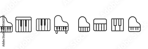 Variety of piano designs displayed on a minimalist background showcasing musical instruments in a playful arrangement