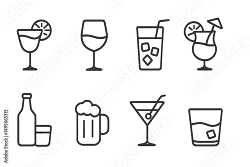 Different types of beverages illustrated in simple line designs for casual dining or social gatherings