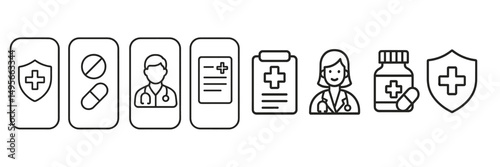 Icons representing healthcare services, medications, and professional medical staff in a modern design