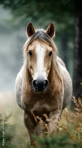 Horse in a serene forest environment walking through tall grass on a misty morning