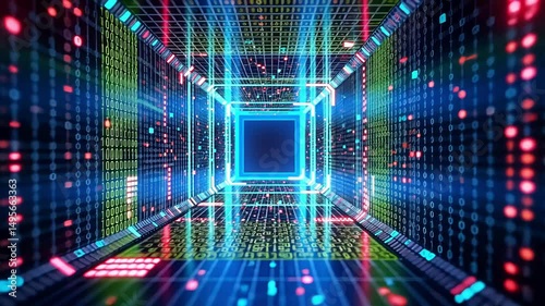 Wallpaper Mural A futuristic digital tunnel with neon lights and flowing binary code Torontodigital.ca