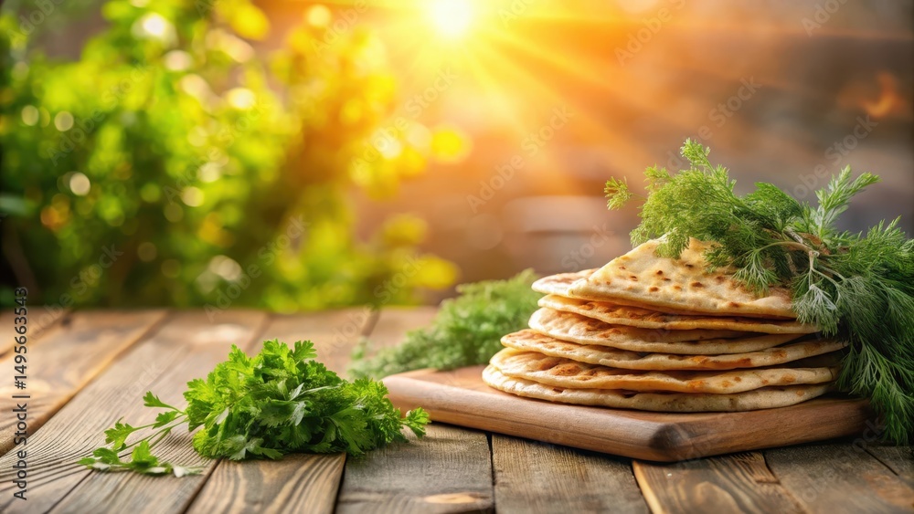 Golden-brown flatbreads stacked on rustic wooden board, garnished with fresh herbs, bathed in warm sunlight, creating a picturesque outdoor dining scene.