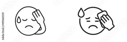 Illustrations of a worried face and a person wiping sweat, conveying stress and discomfort in a minimalistic design