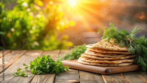 Obraz na płótnie Golden-brown flatbreads stacked on rustic wooden board, garnished with fresh herbs, bathed in warm sunlight, creating a picturesque outdoor dining scene. w salonie