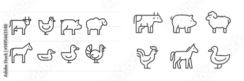 Farm animals illustrated in simple line drawings showing diverse species in various poses showcasing their shapes and characteristics
