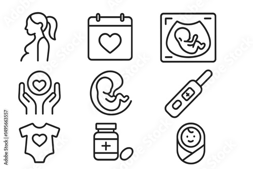 Icons representing pregnancy and prenatal care featuring a baby, ultrasound, medical items, and health symbols