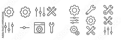 Collection of simple line art icons illustrating gears, tools, and controls in a minimalist design for technical purposes