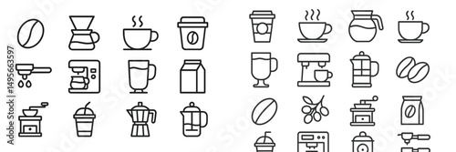 Coffee brewing equipment and icons collection illustrating various methods and types of coffee beverages
