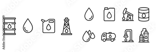 Collection of oil industry icons depicting various elements such as barrels, pumps, and droplets in a minimalist design