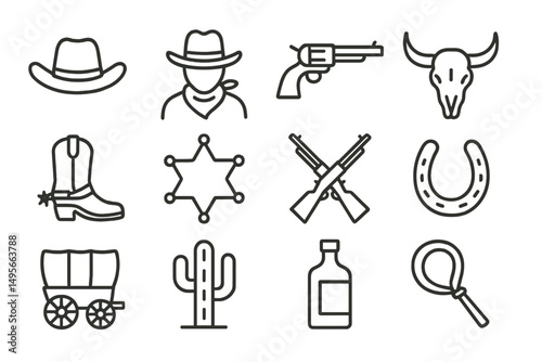 Western themed icons representing cowboy culture and activities related to the Wild West lifestyle in a minimalist design style